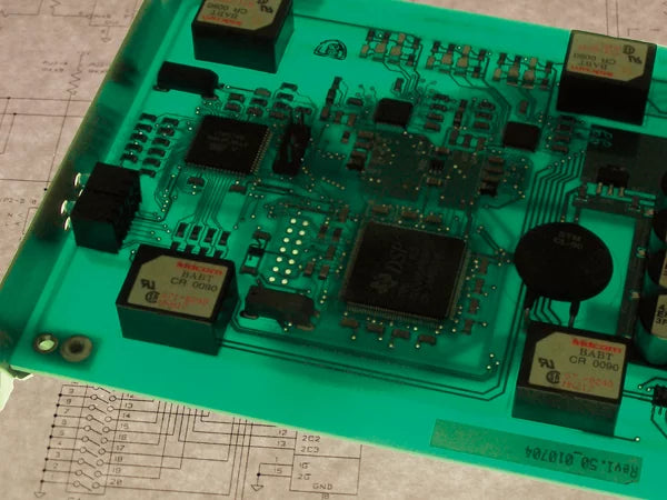 Close-up of an electronic circuit board with components on a technical drawing background