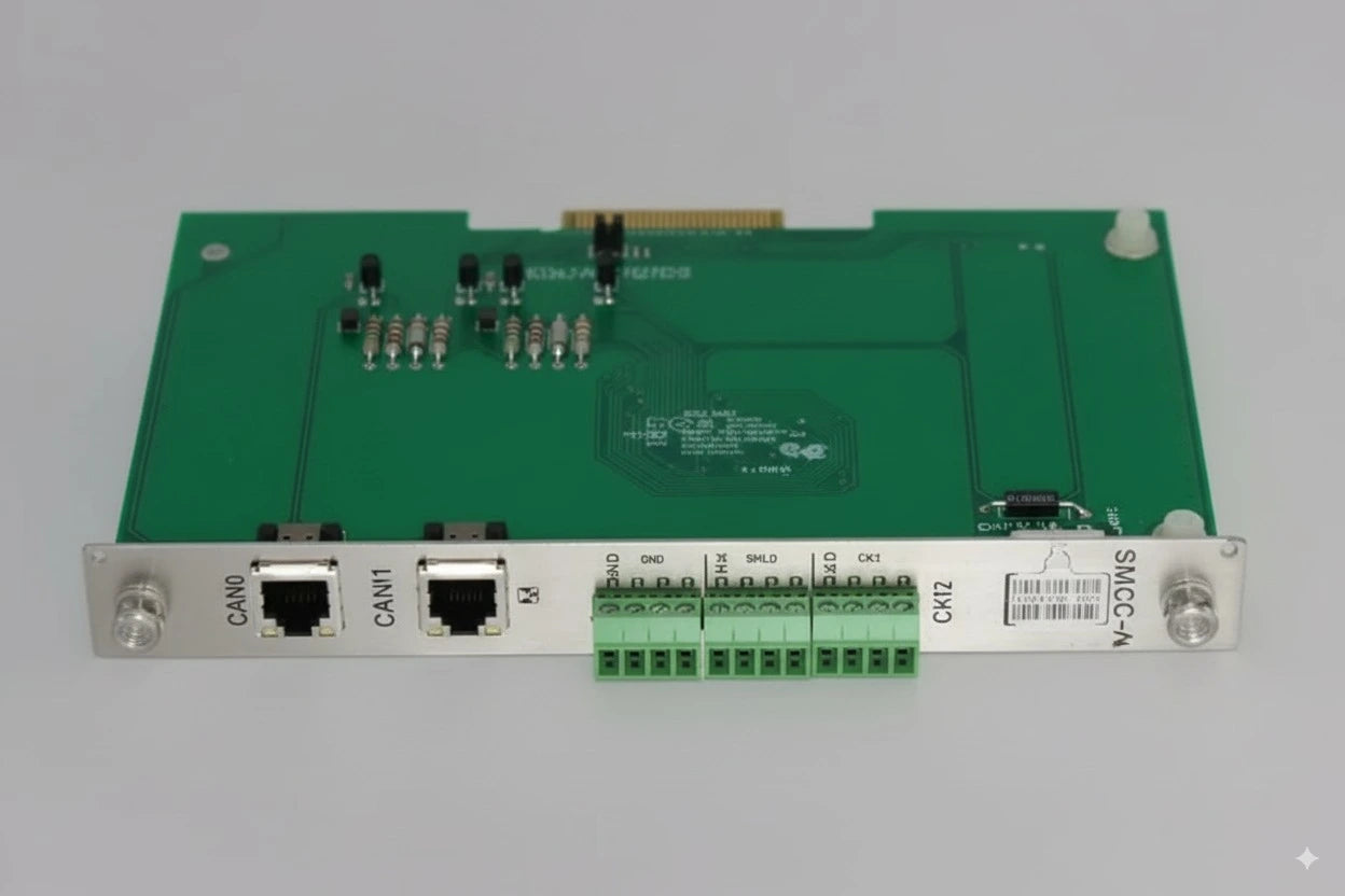 Electronic circuit board with connectors on a white background