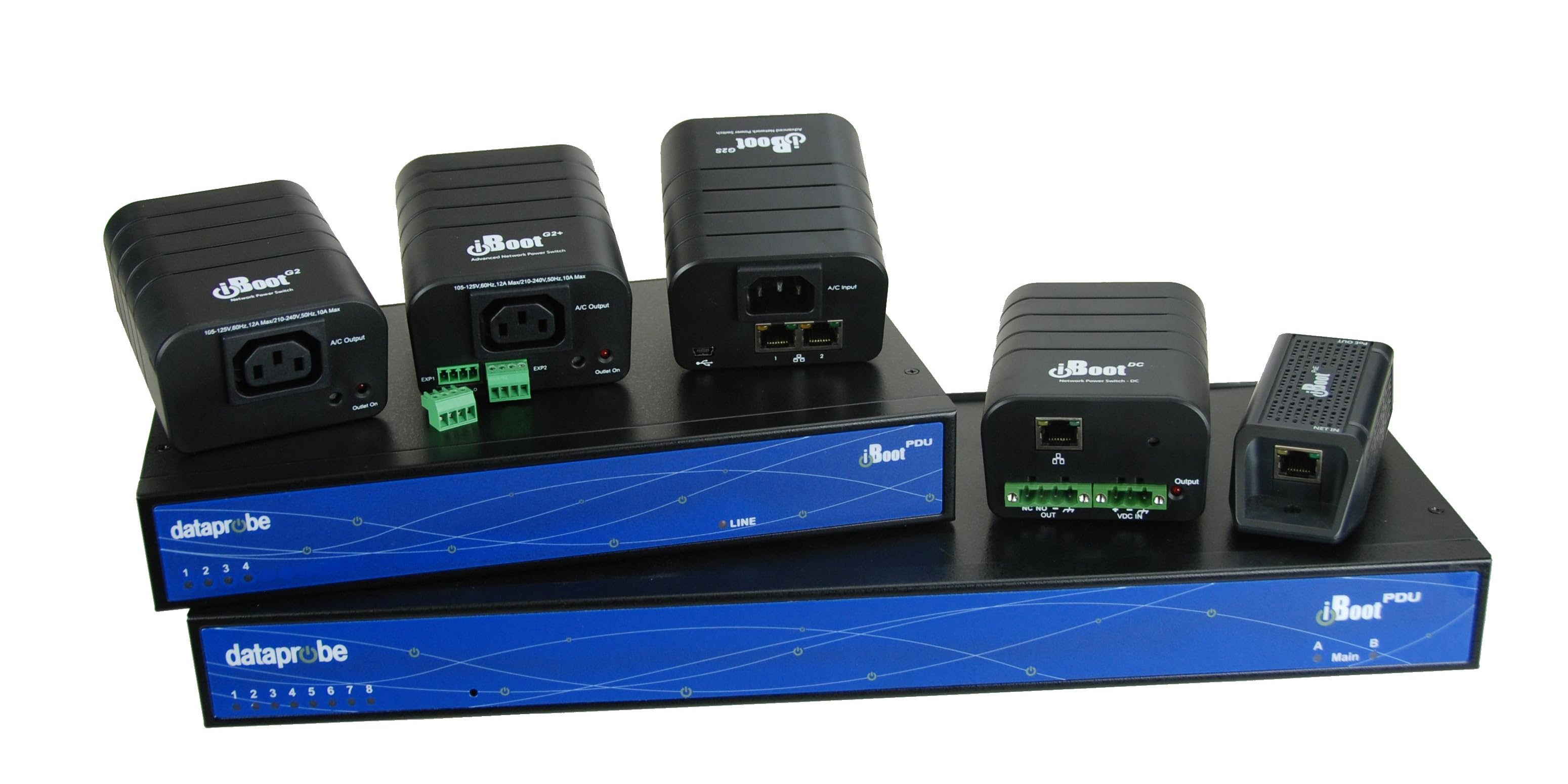 Collection of network equipment including switches and connectors on a white background