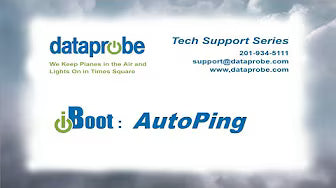 Dataprobe and iBoot: AutoPing Tech Support Series flyer with contact information on a cloudy sky background.