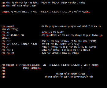 Text-based interface with relay control commands on a black background