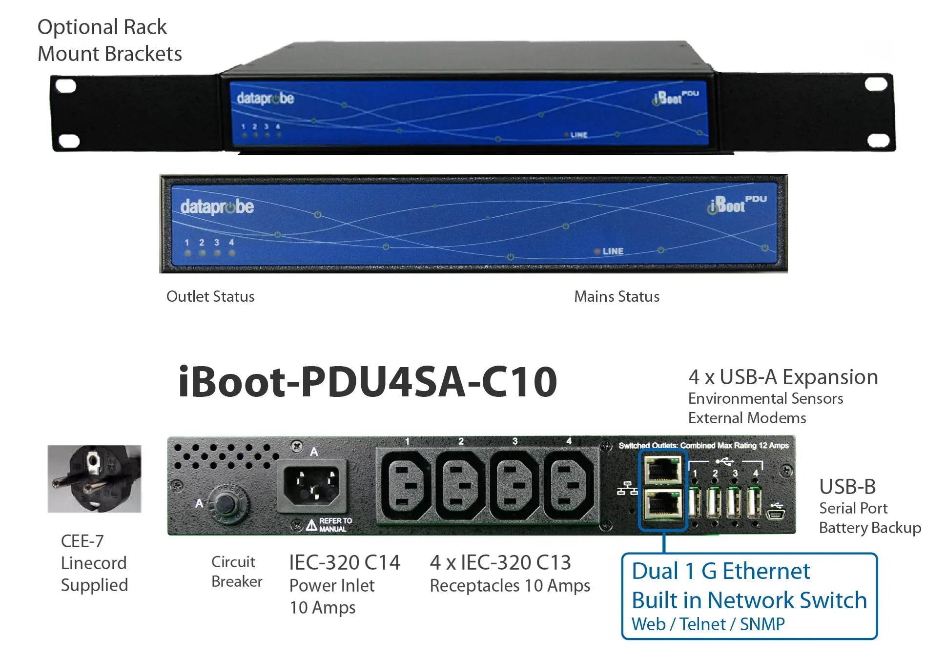 Dataprobe iBoot-PDU4A-C10 PDU for remote reboot. UL certified. Remote power management and reset/reboot.