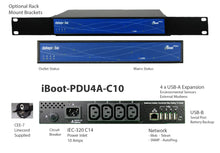 iBoot-PDU4A-C10 Power Distribution Unit with 4 switched outlets, USB expansion, and network connectivity for power cycling and remote control.
