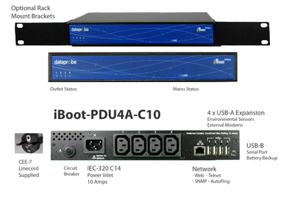 iBoot-PDU4A-C10 Power Distribution Unit with 4 switched outlets, USB expansion, and network connectivity for power cycling and remote control.

