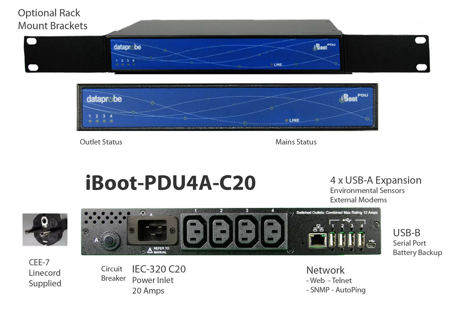 iBoot-PDU4A-C20 UL listed power distribution unit with 4 switched outlets and network capabilities for power cycling and downtime prevention
