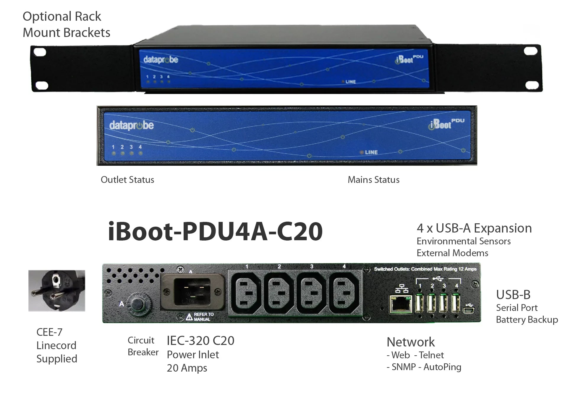 iBoot-PDU4A-C20 UL listed power distribution unit with 4 switched outlets and network capabilities for power cycling and downtime prevention
