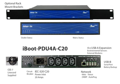 iBoot-PDU4A-C20 UL listed power distribution unit with 4 switched outlets and network capabilities for power cycling and downtime prevention
