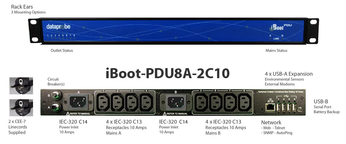 iBoot-PDU8A-2C10 UL-listed power distribution unit with 8 IEC-320 C13 receptacles and network connectivity for remote power cycling and minimizing network downtime