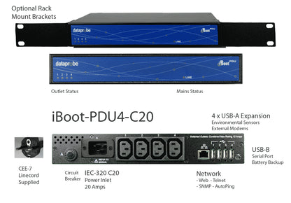 iBoot-PDU4-C20/iBoot-PDU with 4 individually controllable power outlets, ideal for global data centers and server rooms.