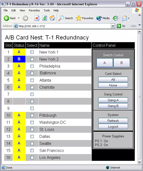 Web interface for A/B Card Nest redundancy management with dropdown menu and control panel.