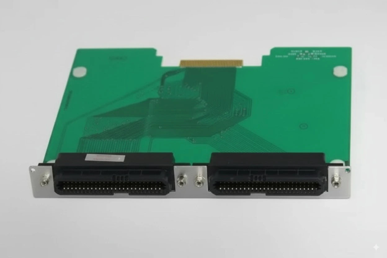Electronic component with green PCB and black connectors on a white background
