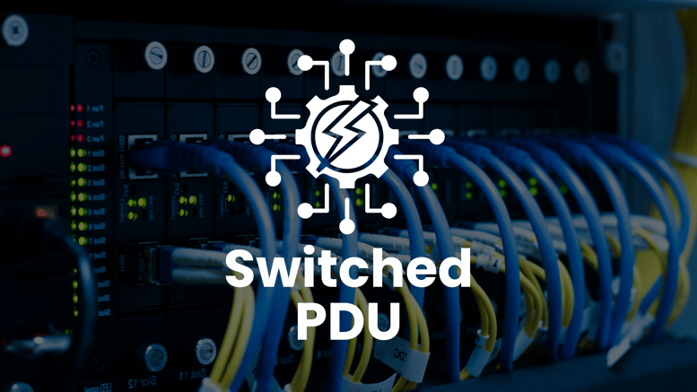 A rack of network switches with connected Ethernet cables, overlaid with a circuit icon and the text 'Switched PDU'.