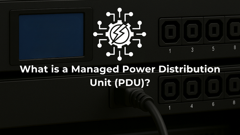 A managed PDU with multiple power outlets and a plugged-in cable, overlaid with a circuit icon and the text 'What is a Managed Power Distribution Unit (PDU)?'